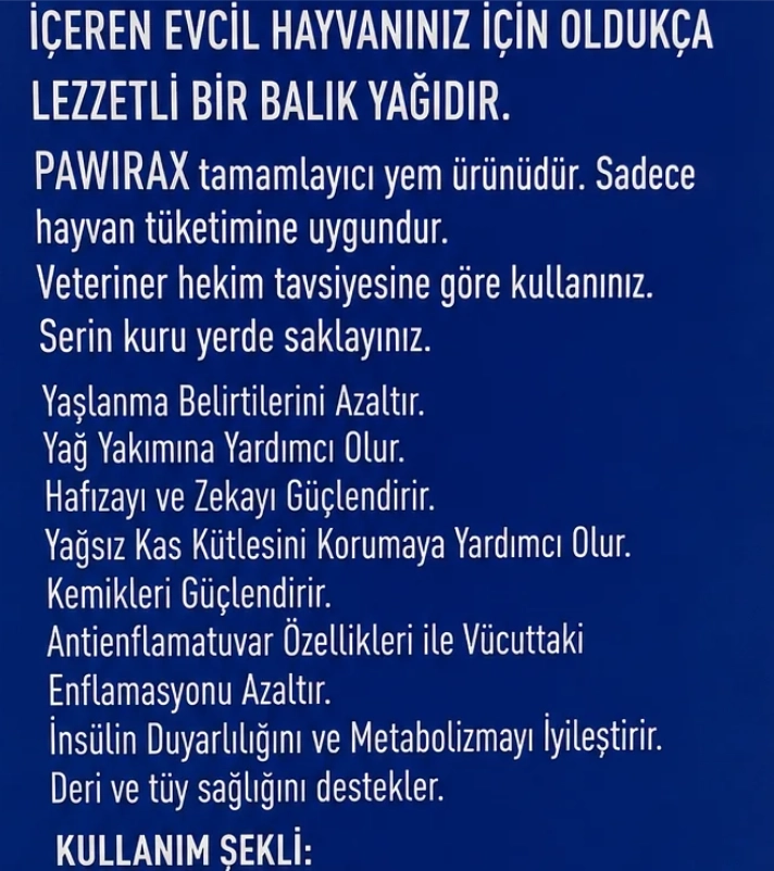 SOKAK KEDİLERİ İÇİN PAWIRAX Fish Oil+ 200 ML Kedi Balık Yağı | Omega 3 %23 | EPA %15 DHA %7,5 | Omega 3-6 | Cilt Tüy Eklem Desteği