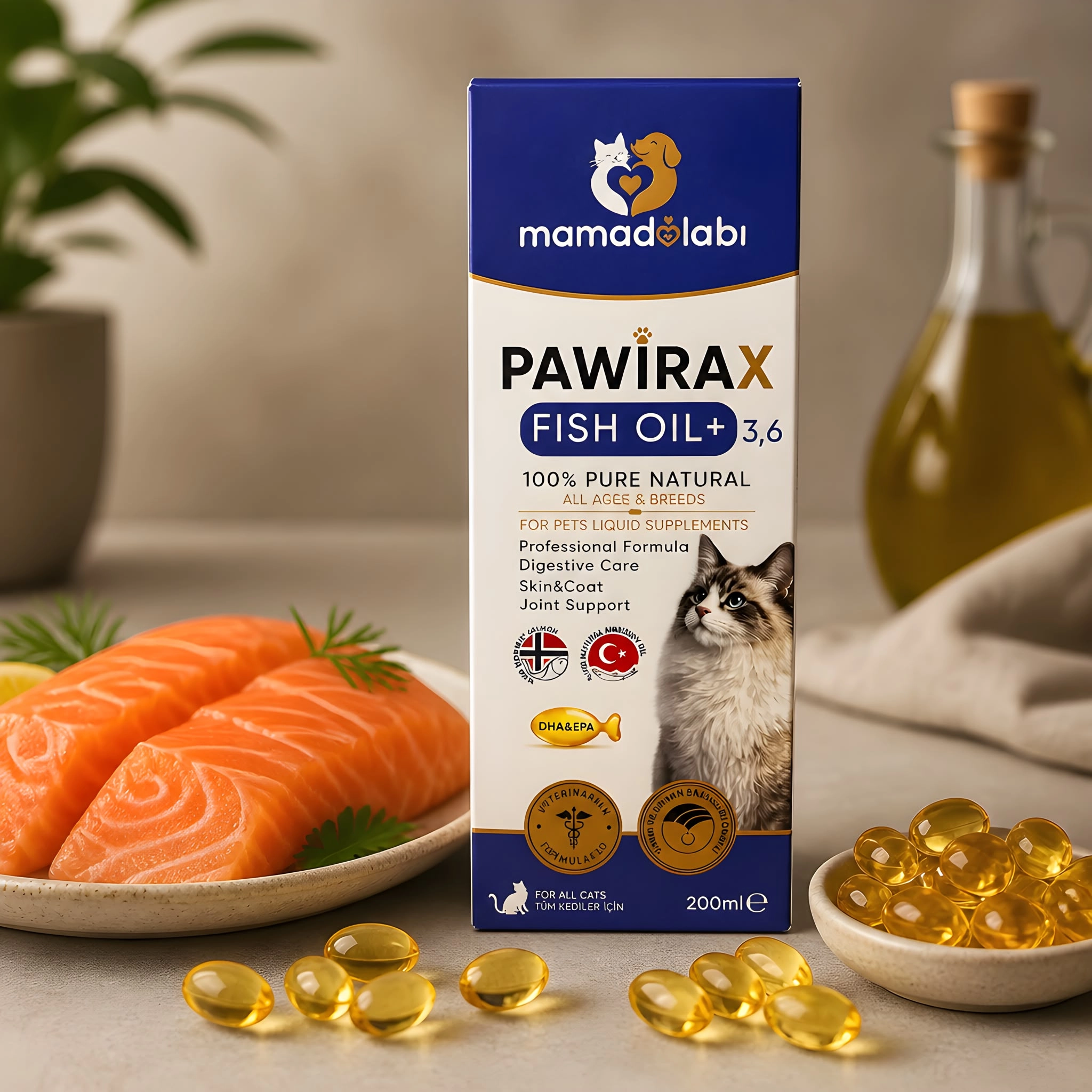 PAWIRAX Fish Oil+ 200 ML Kedi Balık Yağı | Omega 3 %23 | EPA %15 DHA %7,5 | Omega 3-6 | Cilt Tüy Eklem Desteği