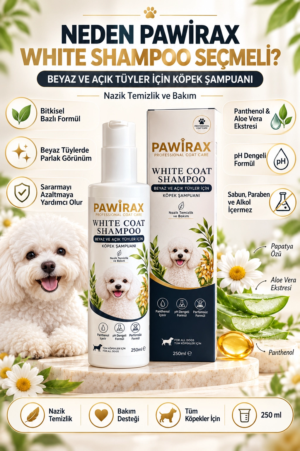 PAWİRAX White Coat Shampoo 250 ml – Beyaz ve Açık Tüylü Köpekler İçin Bakım Şampuanı
