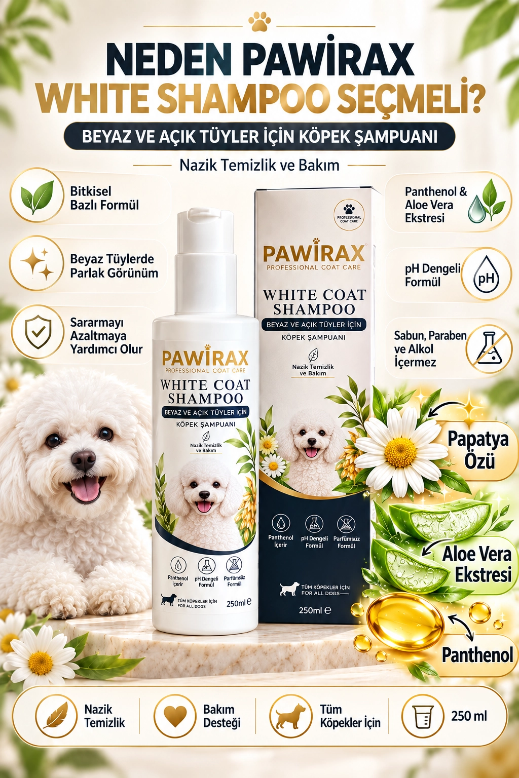 PAWİRAX White Coat Shampoo 250 ml – Beyaz ve Açık Tüylü Köpekler İçin Bakım Şampuanı