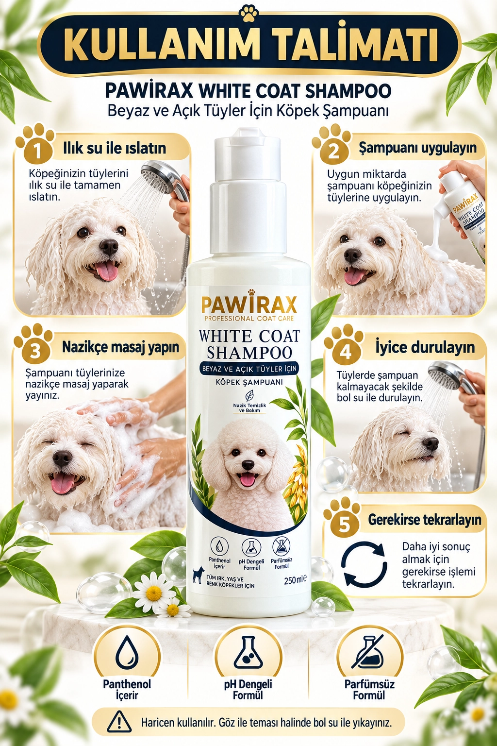 PAWİRAX White Coat Shampoo 250 ml – Beyaz ve Açık Tüylü Köpekler İçin Bakım Şampuanı