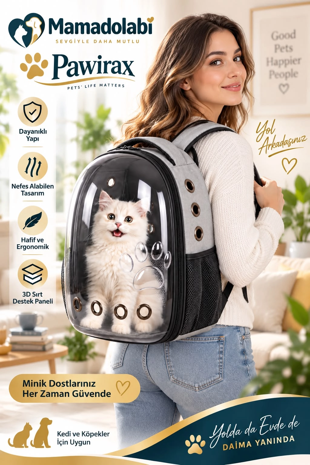 PAWIRAX 180° Şeffaf Kedi Köpek Taşıma Sırt Çantası – 3D Sırt Destekli Nefes Alabilen Pet Taşıma Çantası 45x35x30 cm