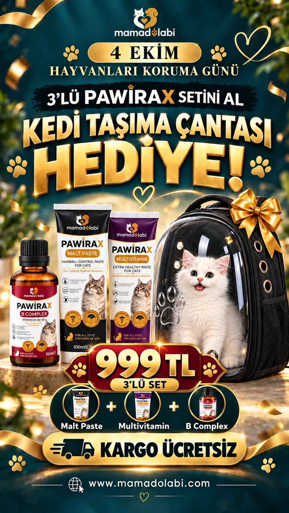 PAWİRAX 3’lü Kedi Bakım Seti – Malt, Multivitamin ve B Complex | Kedi ASTRONOT Taşıma Çantası Hediyeli