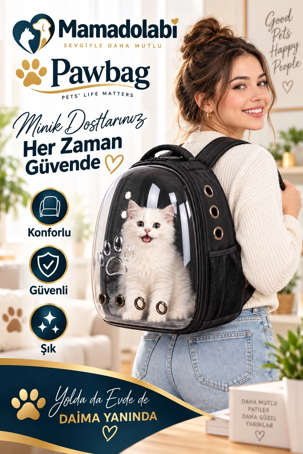 PAWIRAX 180° Şeffaf Kedi Köpek Taşıma Sırt Çantası – 3D Sırt Destekli Nefes Alabilen Pet Taşıma Çantası 45x35x30 cm