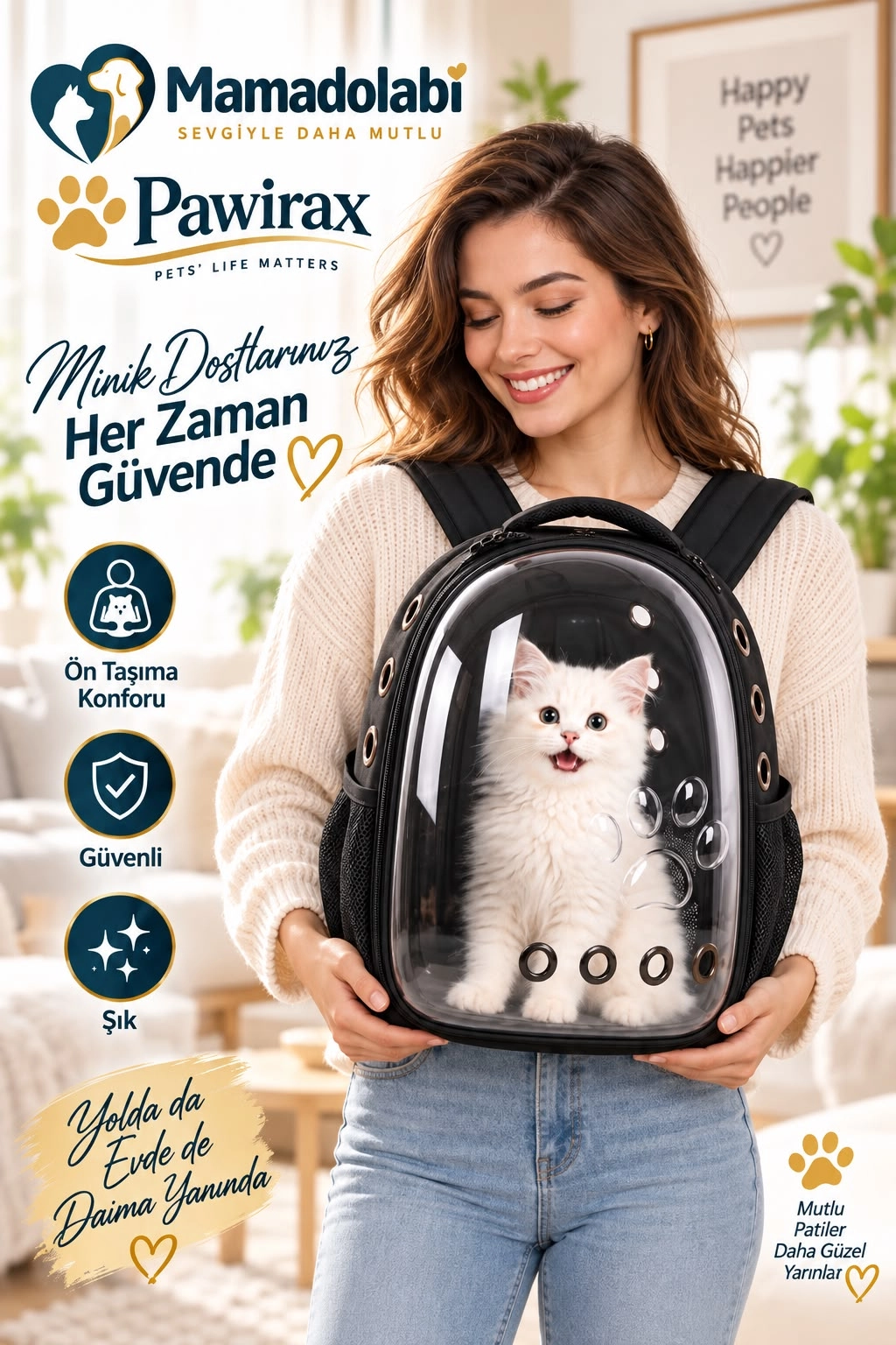 PAWIRAX 180° Şeffaf Kedi Köpek Taşıma Sırt Çantası – 3D Sırt Destekli Nefes Alabilen Pet Taşıma Çantası 45x35x30 cm