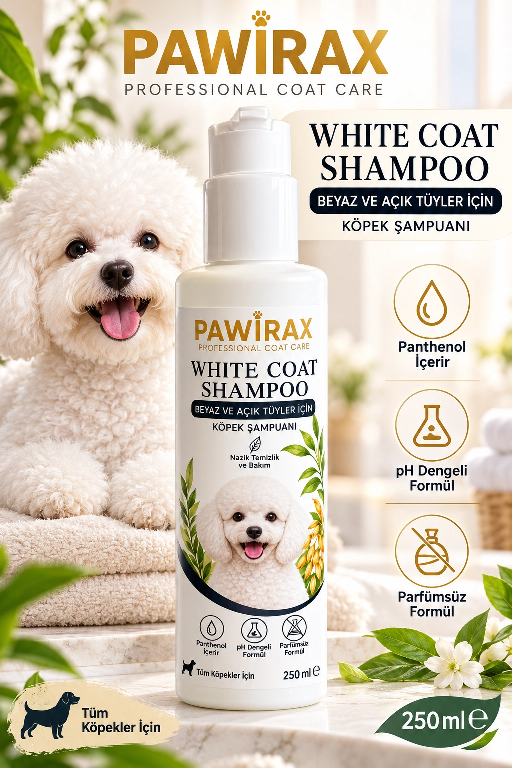 PAWİRAX White Coat Shampoo 250 ml – Beyaz ve Açık Tüylü Köpekler İçin Bakım Şampuanı