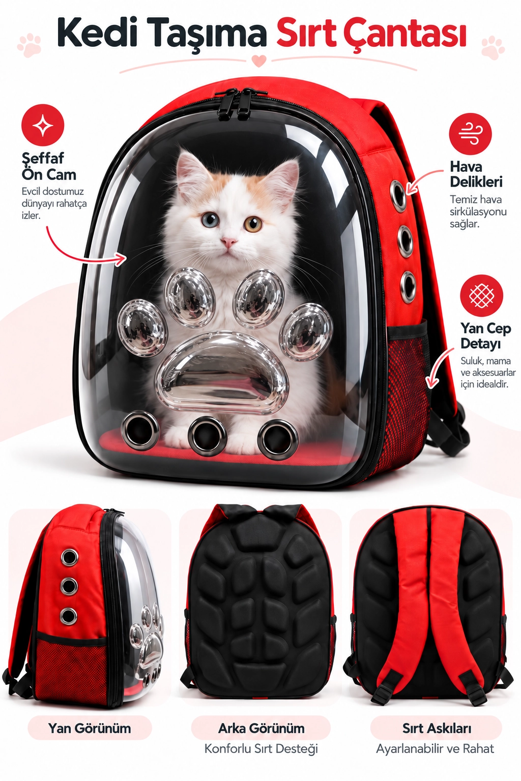 PAWIRAX Astronot Kedi Köpek Taşıma Sırt Çantası Şeffaf Pati Desenli Havalandırmalı Kırmızı