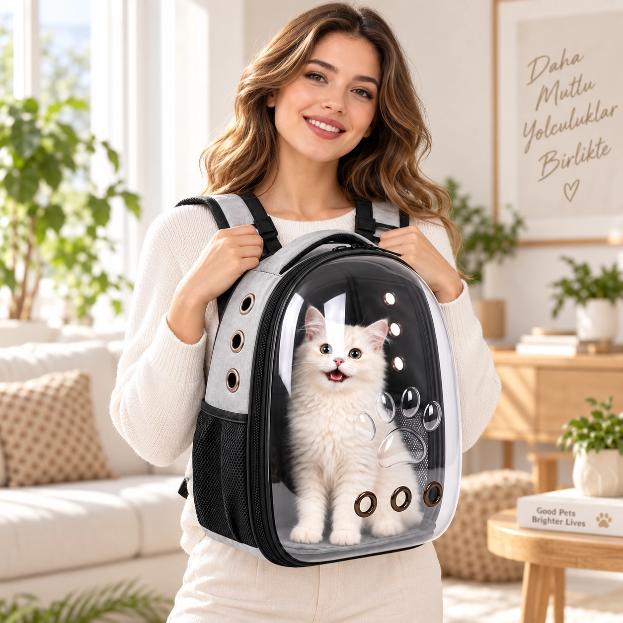 PAWIRAX 180° Şeffaf Kedi Köpek Taşıma Sırt Çantası – 3D Sırt Destekli Nefes Alabilen Pet Taşıma Çantası 45x35x30 cm