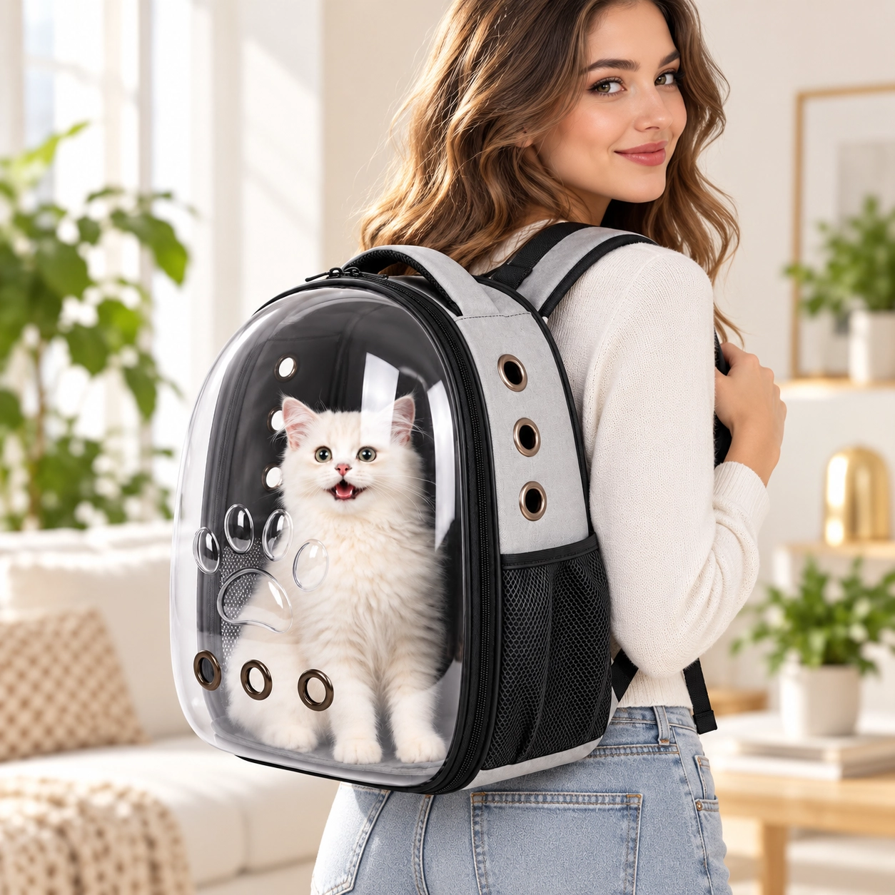 PAWIRAX 180° Şeffaf Kedi Köpek Taşıma Sırt Çantası – 3D Sırt Destekli Nefes Alabilen Pet Taşıma Çantası 45x35x30 cm