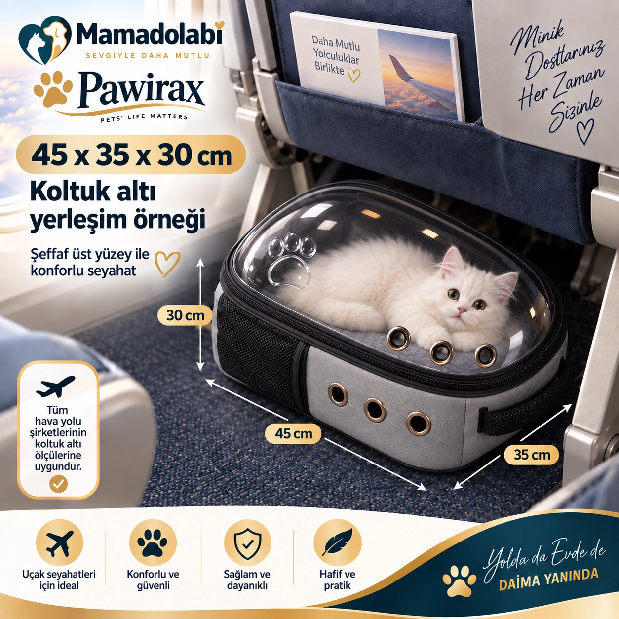 PAWIRAX 180° Şeffaf Kedi Köpek Taşıma Sırt Çantası – 3D Sırt Destekli Nefes Alabilen Pet Taşıma Çantası 45x35x30 cm
