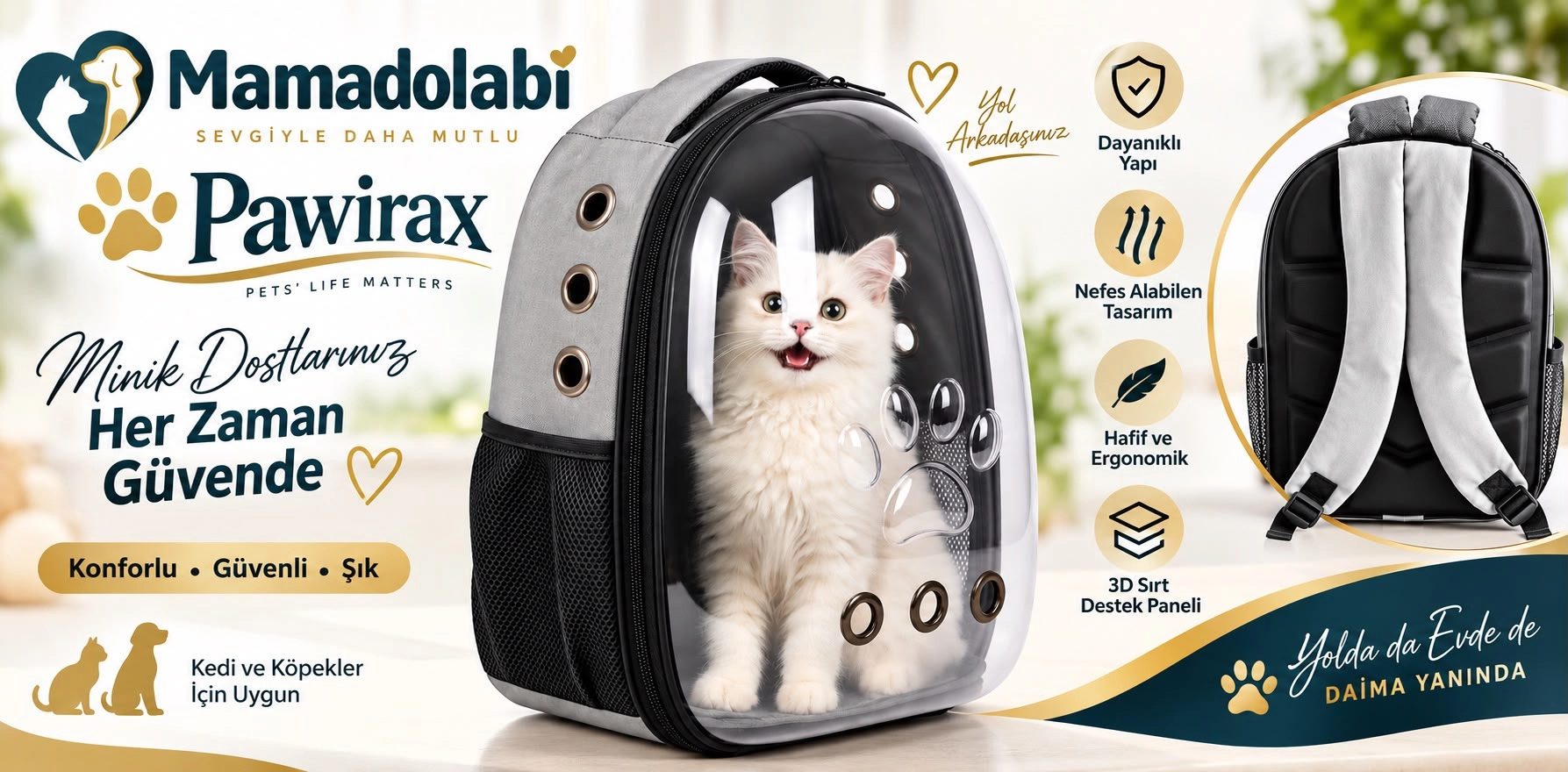 PAWIRAX 180° Şeffaf Kedi Köpek Taşıma Sırt Çantası – 3D Sırt Destekli Nefes Alabilen Pet Taşıma Çantası 45x35x30 cm